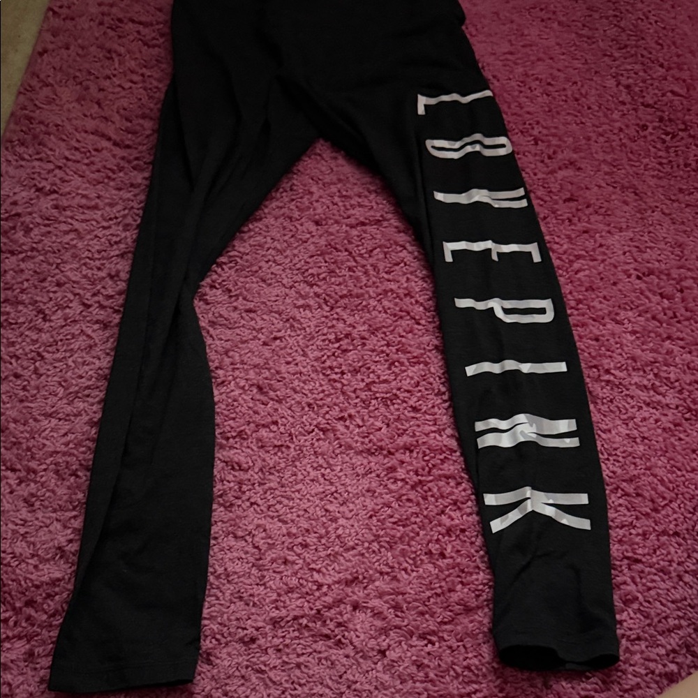 PINK Victoria's Secret Black Leggings with White Vertical Logo